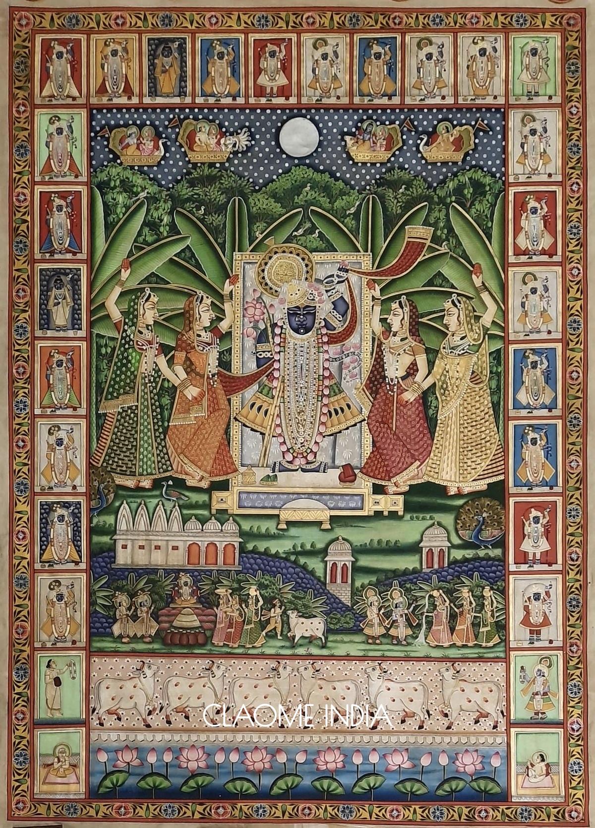 Detailed Pichwai art of Lord Krishna suitable for mandir and prayer spaces