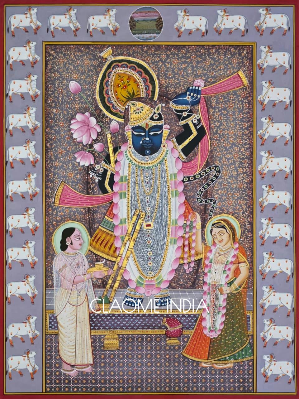 Detailed Pichwai art of Lord Krishna suitable for living area and entrance.