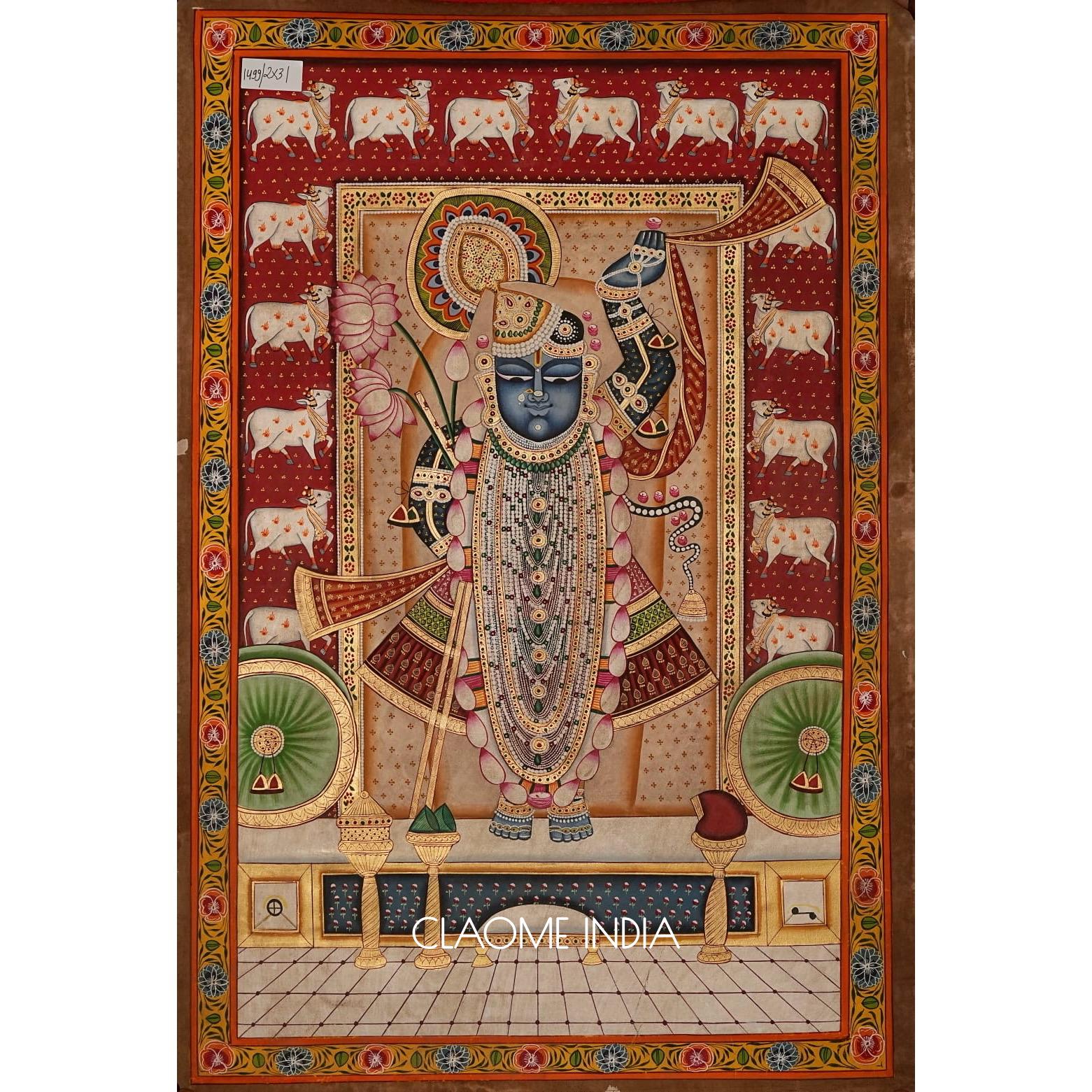 Traditional Pichwai artwork showcasing Shrinathji in a spiritual setting