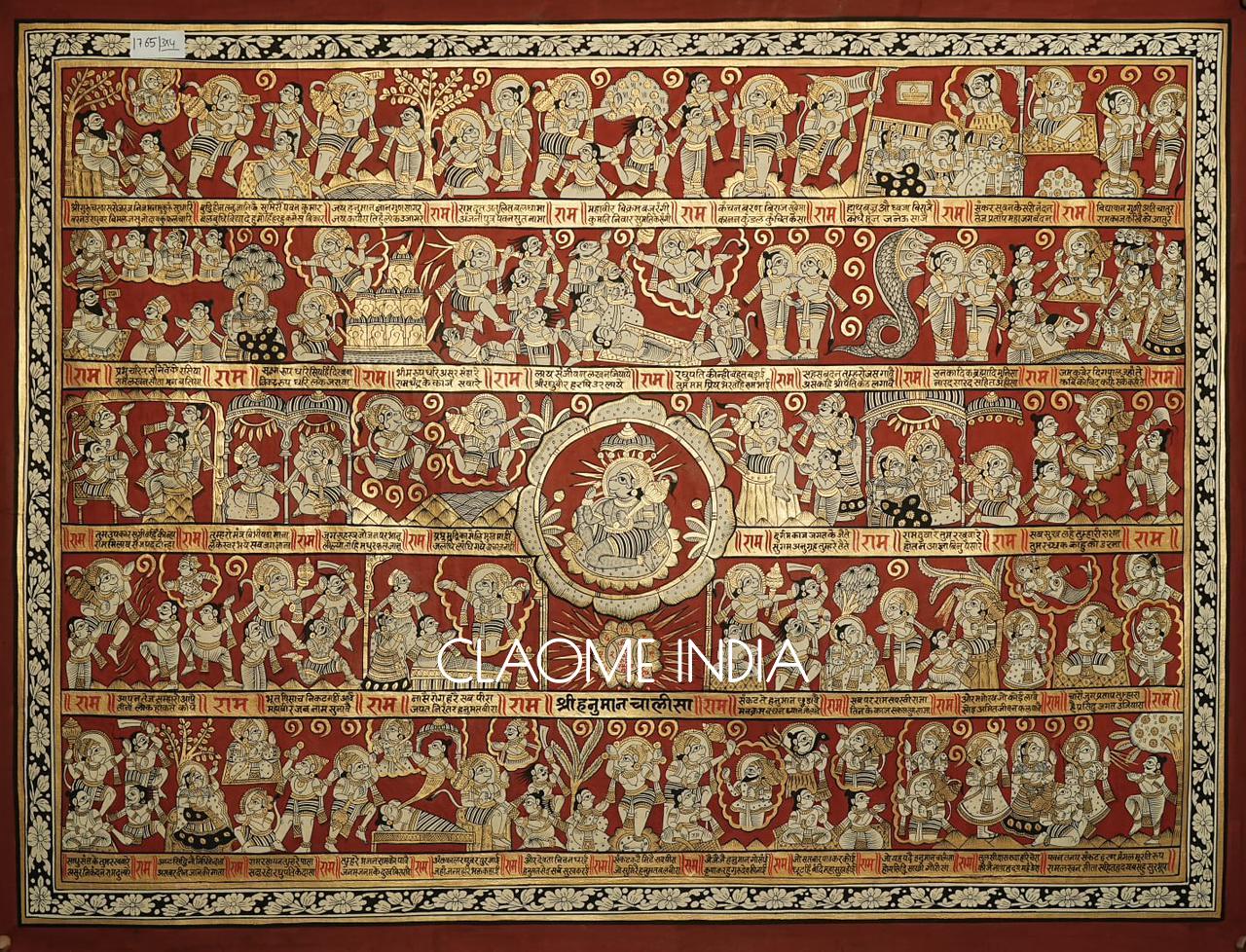 Traditional Pichwai artwork depicting Lord Hanuman with intricate detailing