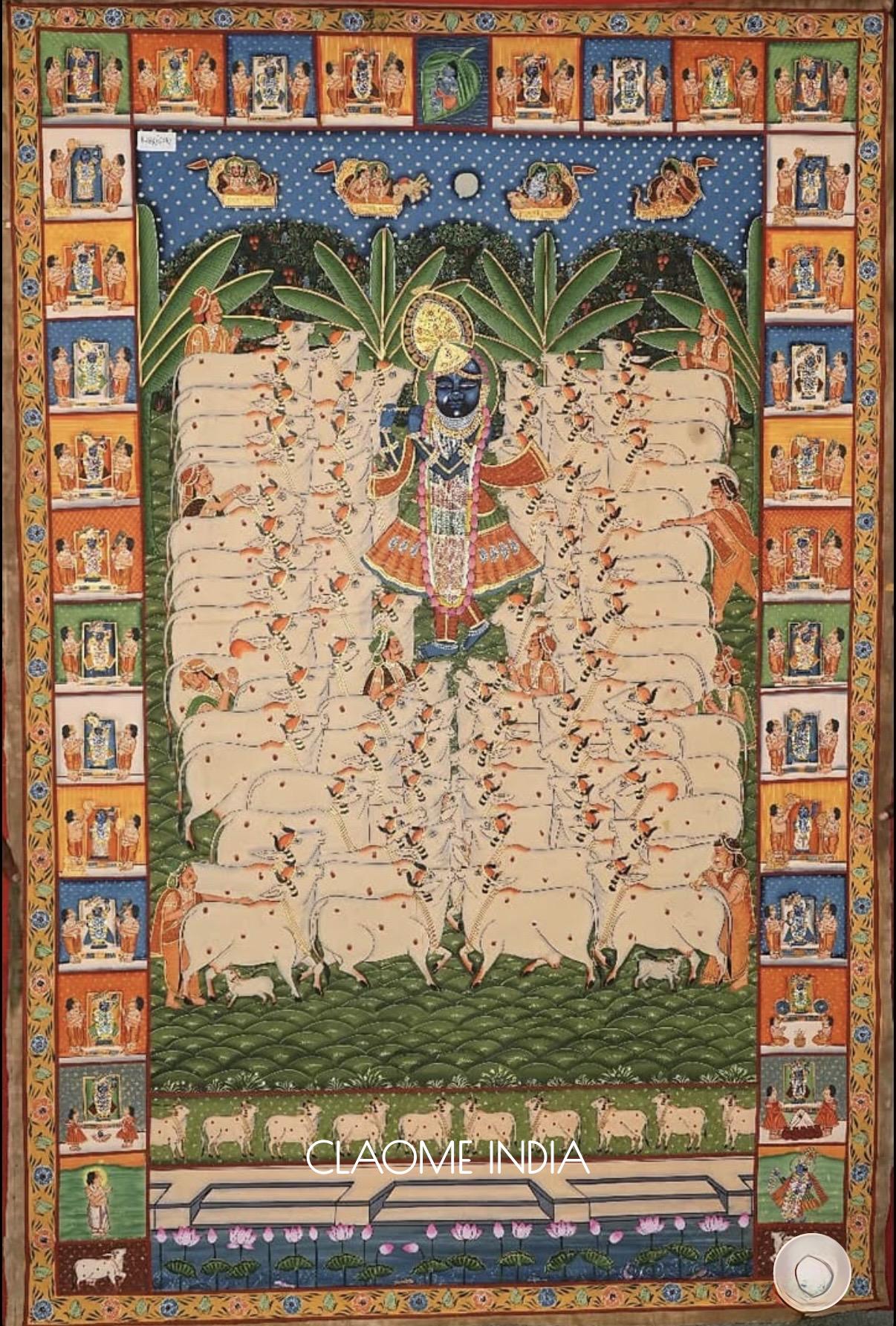 Detailed Pichwai art of Lord Krishna suitable for living area and entrance.