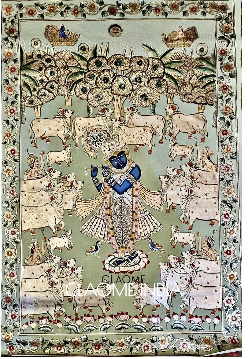 Handcrafted Pichwai artwork featuring Shrinathji with sacred motifs