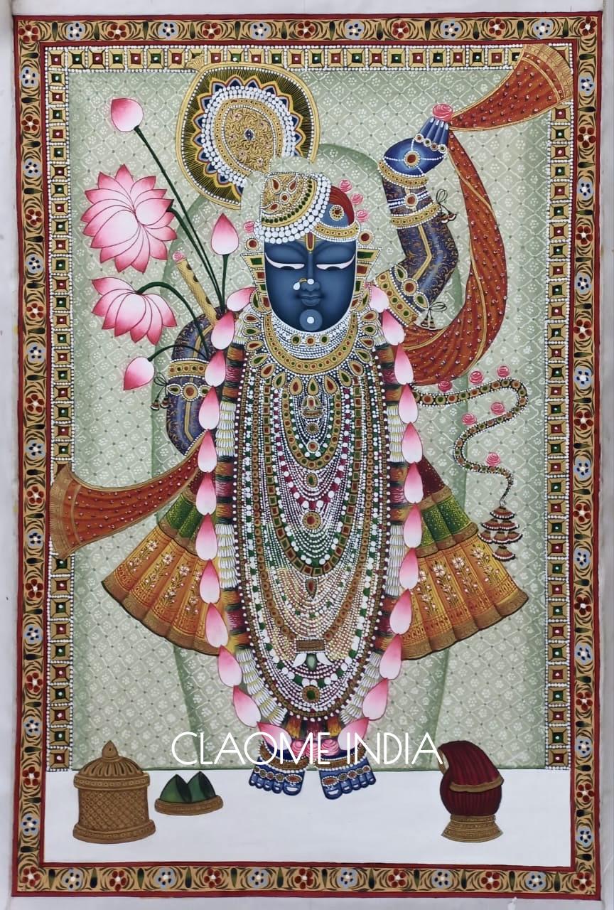 Detailed Pichwai art of Lord Krishna suitable for mandir and prayer spaces