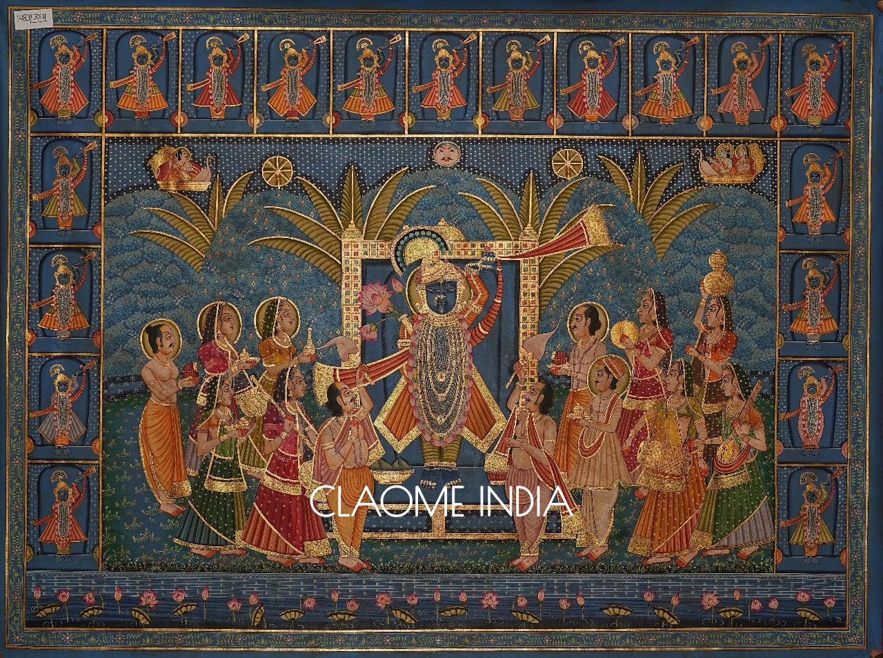 Detailed Pichwai painting of Lord Krishna with lotus and sacred motifs