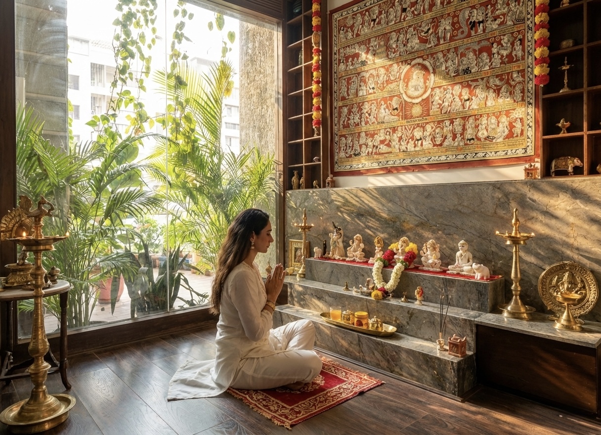 Traditional Indian artwork displayed in a serene home interior with wooden shrine and handcrafted decor